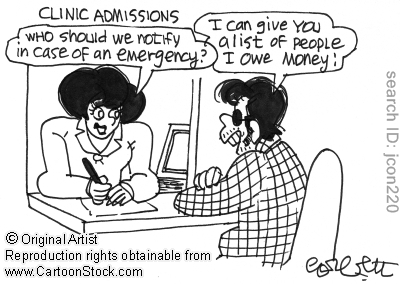 Admission and Discharge comedy pic of man filling out admission forms