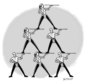 Food servers making pyramid